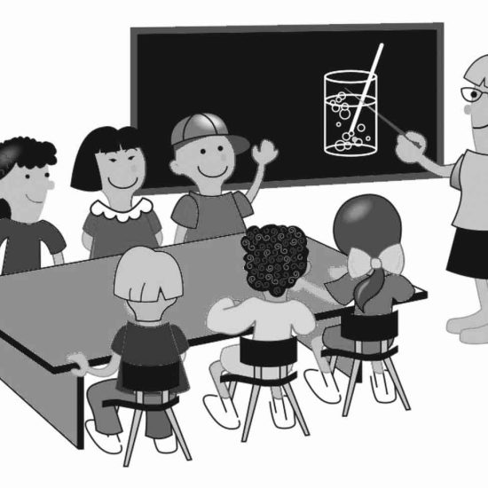 a monochrome image of a school classroom illustration